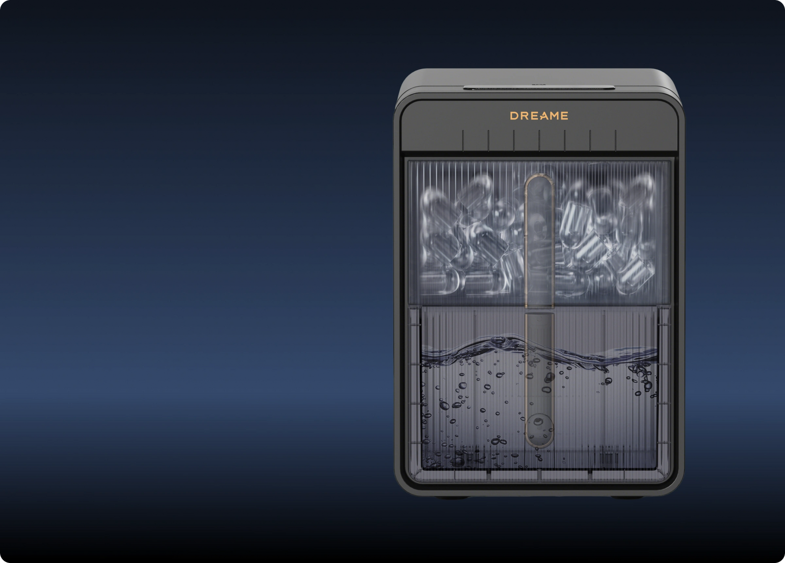 Der Dreame Aura Hohlkegel-Eisbereiter mit unabhängigem Wasser- und Eisbehälter sorgt jederzeit für frische, hygienisch reine Eiswürfel.