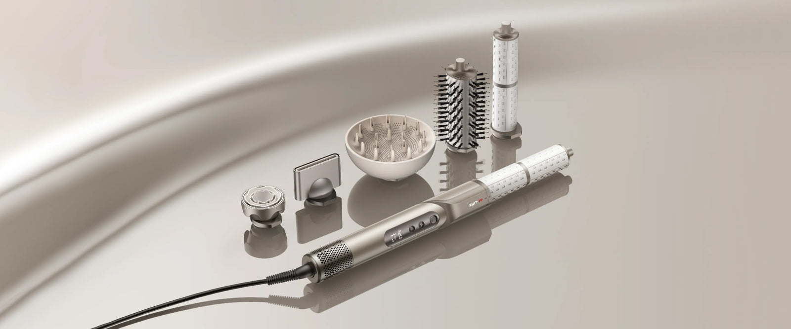 Dreame Dazzle-Haartrockner mit komplettem Aufsatzset für vielseitiges, professionelles Styling.
