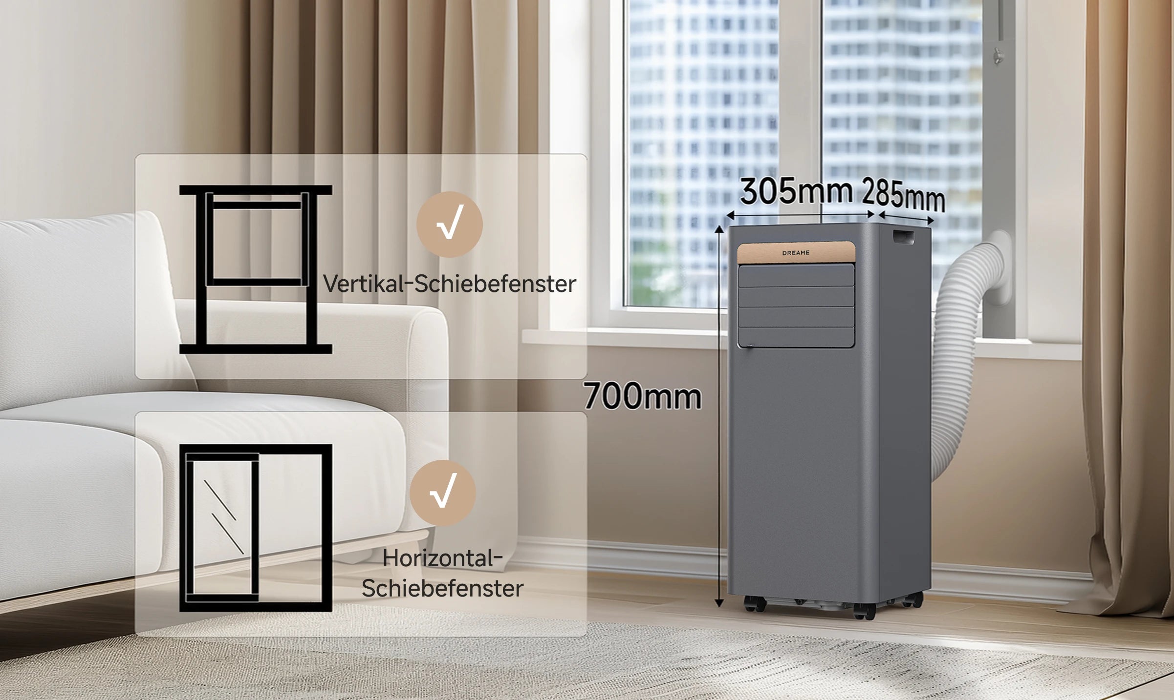Dreame P-Wind10 Mobile Klimaanlage 9000 BTU mit den Maßen 305×285×700 mm ist kompatibel mit Schiebefenstern zwischen 650 und 1250 mm Höhe
