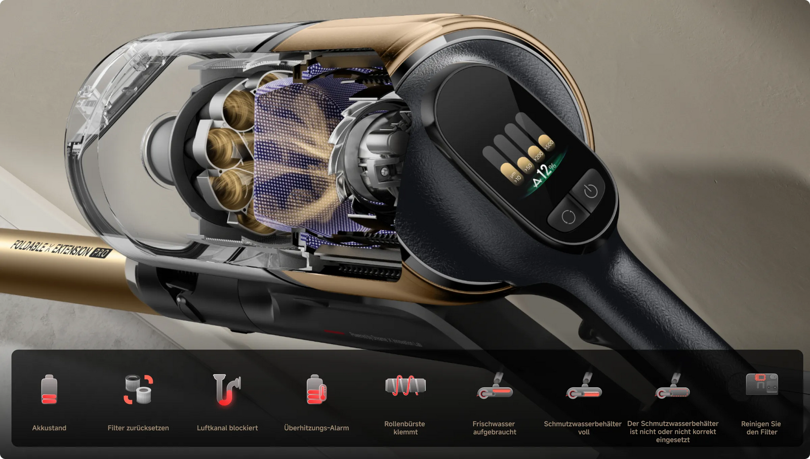 Dreame   Z30 Pro Aqua-A LCD Bildschirm zeigt Echtzeit Reinigungsstatistiken und Akkustand in sieben Sprachen an.