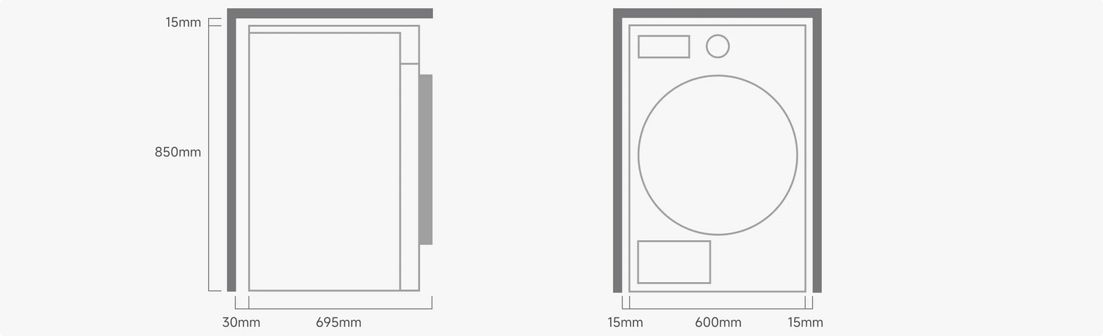 Dreame AI Dual Inverter Dryer L9 Einbaumaße Seitenansicht 850x695mm Abstand 30mm Frontansicht 600mm Schrank 700mm