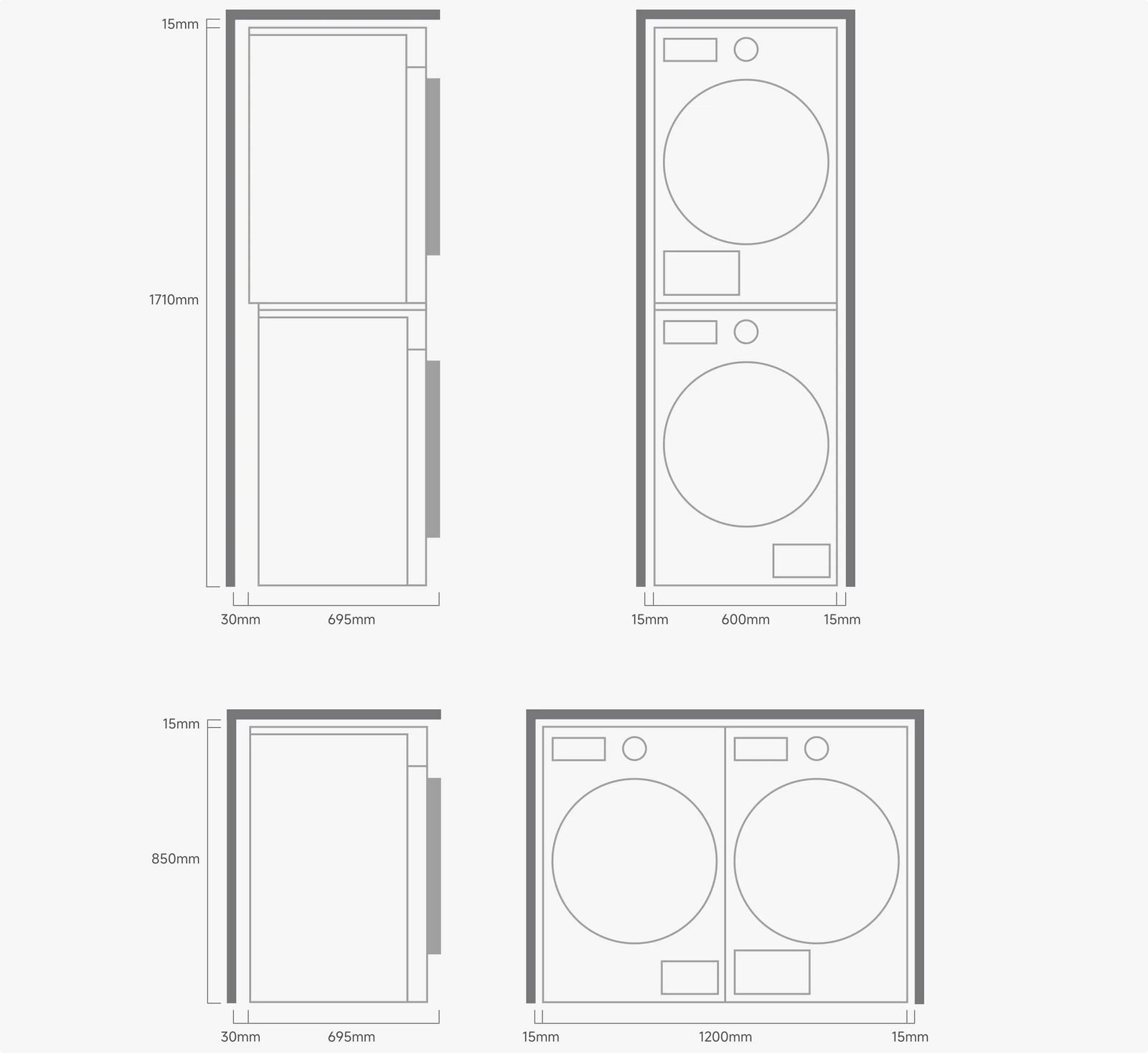 Dreame AI Dual Inverter Dryer L9 Washer-Dryer-Set Einbaumaße Übereinander 1710x600mm Nebeneinander 850x1200mm