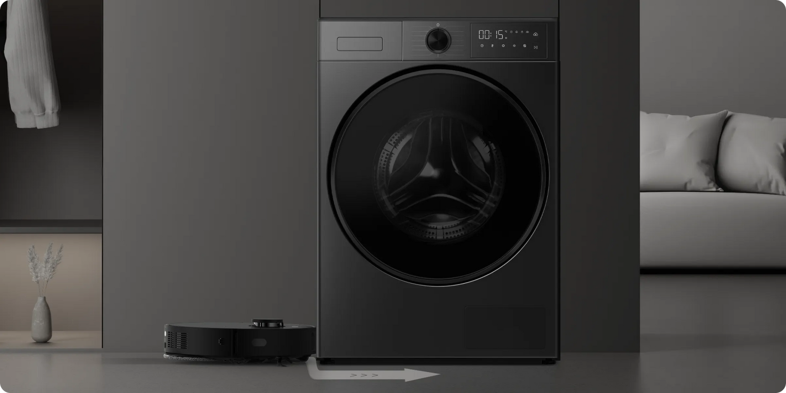 Dreame AI Dual Inverter Dryer L9 saugroboterfreundliche Basis Saugroboter fährt hindernisfrei unter dem Gerät durch