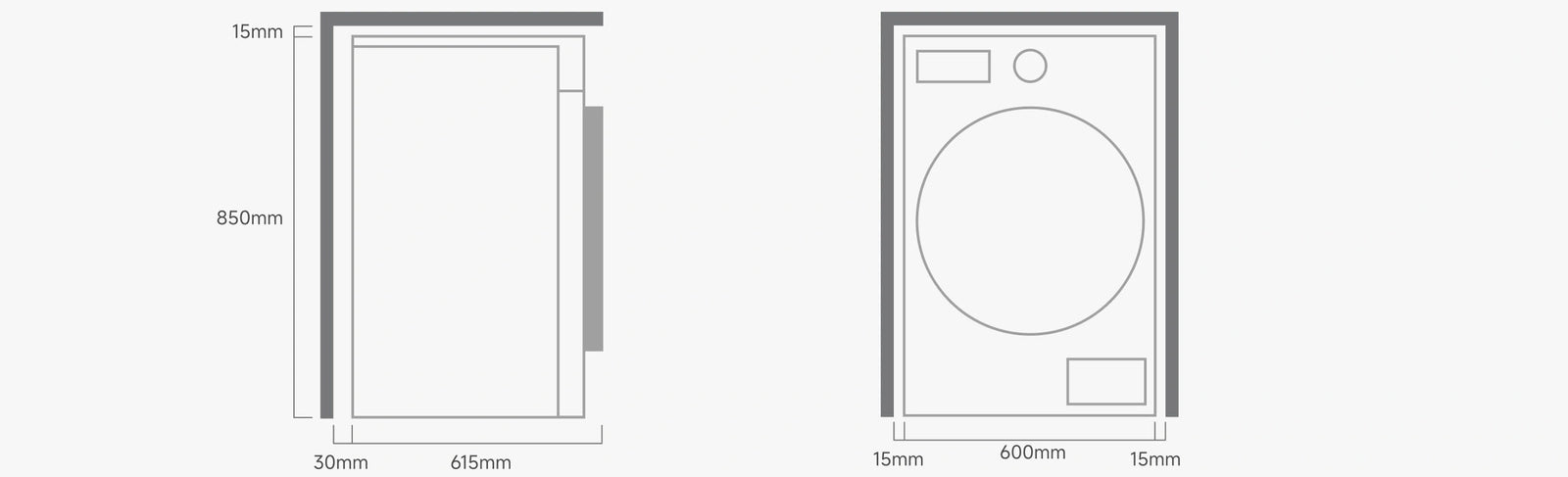 Dreame AI Inverter Washer L9 Maßzeichnung Frontansicht für perfekte Einbauplanung   