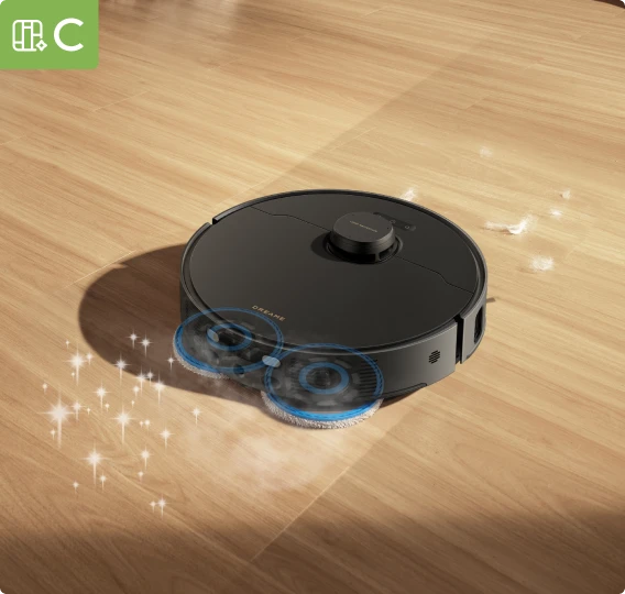 Dreame Matrix10 Pro Saugroboter Schwarz mit Holzbodenpflegelösung, stellt natürlichen Glanz wieder her und schützt vor Kratzern.