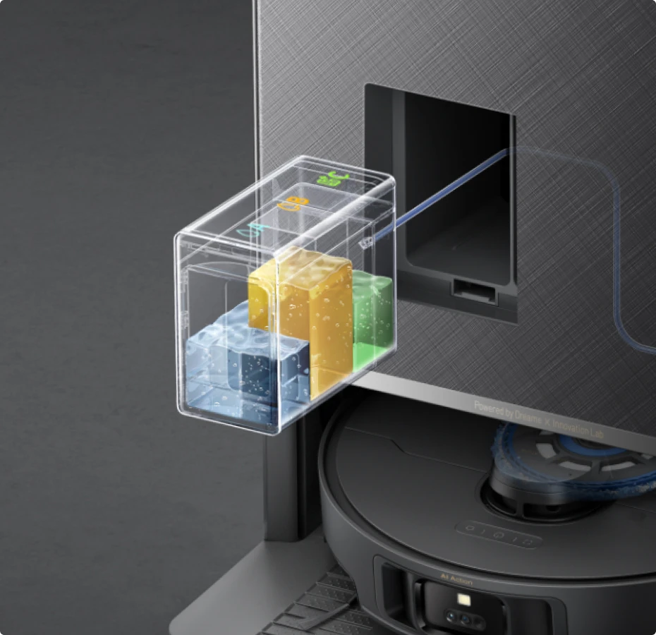 Dreame Matrix10 Pro Saugroboter Schwarz Drei-Fach-Reinigungsmittelbehälter, spezialisierte Lösungen für Haustierbereiche und Holzböden.