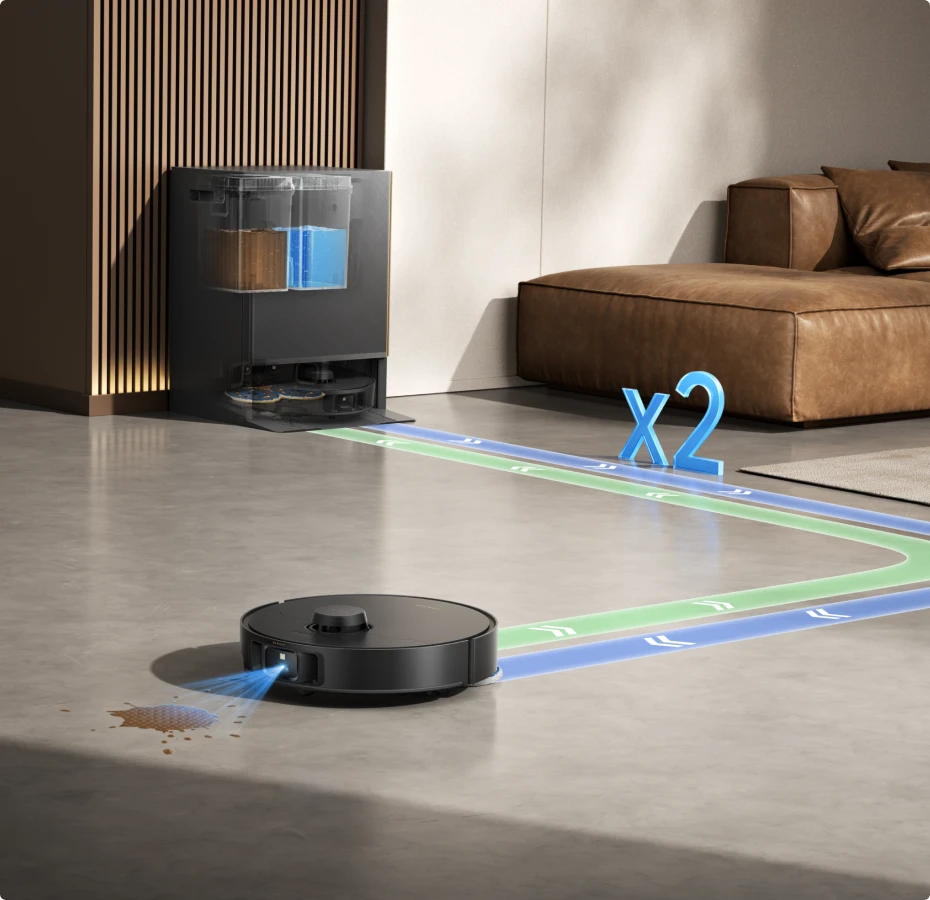 Dreame Matrix10 Pro Saugroboter Schwarz mit KI-Schmutzerkennung, zielt automatisch auf hartnäckige Flecken und reinigt bis zu zweimal nach.