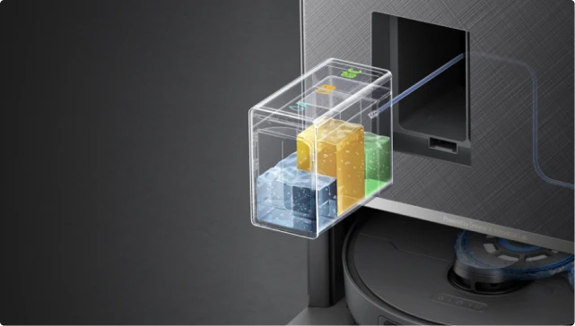 Dreame Matrix10 Pro Saugroboter Schwarz Drei-Fach-Reinigungsmittelbehälter mit drei spezialisierten Reinigungslösungen.