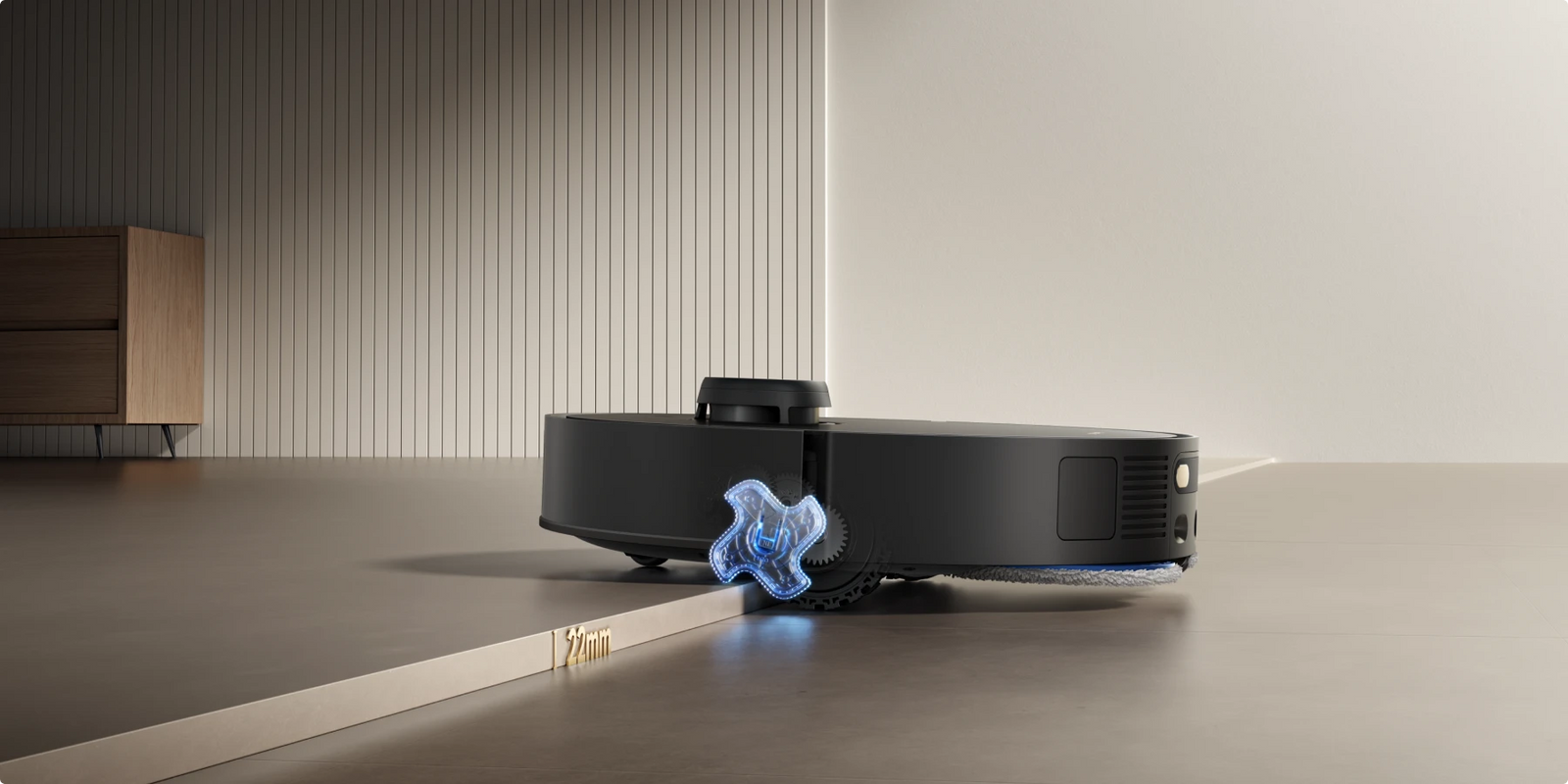 Dreame Matrix10 Pro Saugroboter Schwarz überwindet doppellagige Türschwellen bis 40 mm mühelos für eine lückenlose Reinigung.