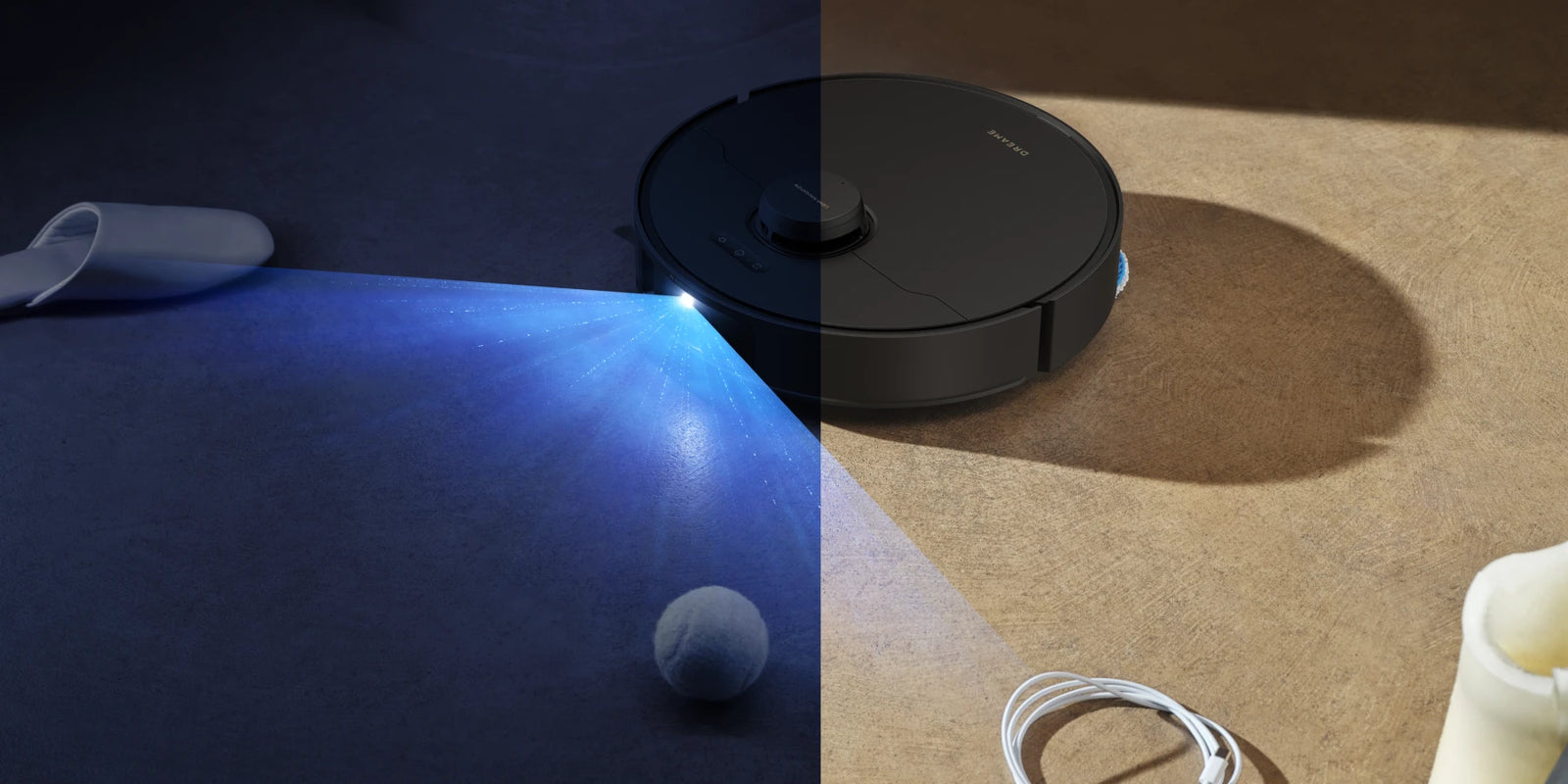 Dreame Matrix10 Pro Saugroboter Schwarz, KI-RGB-Kamera erkennt Hindernisse im Dunkeln, integrierte LEDs leuchten den Weg aus.