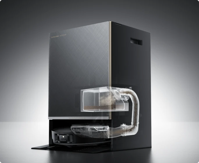 Dreame Matrix10 Pro Saugroboter Schwarz mit automatischer Staubentleerung, bis zu 100 Tage wartungsfreier Betrieb ohne manuelles Eingreifen.