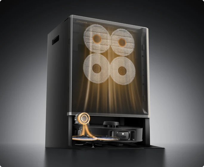 Dreame Matrix10 Pro Saugroboter Schwarz mit automatischer Warmlufttrocknung bei 45 °C, verhindert Schimmelbildung und Gerüche an den Wischer-Pads.