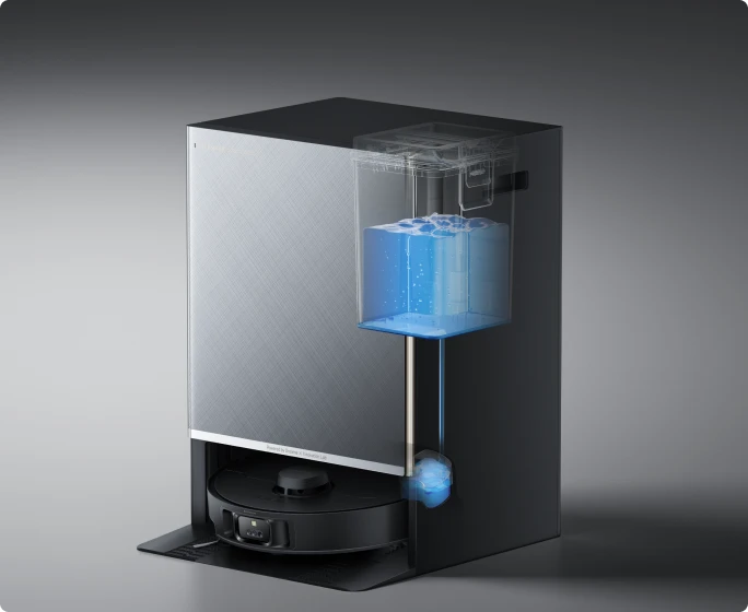 Dreame Matrix10 Pro Saugroboter Schwarz mit automatischer Wassernachfüllung, 80-ml-Wasserbehälter sichert ununterbrochene Wischvorgänge.