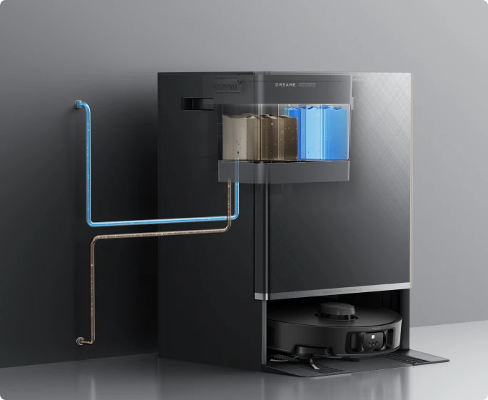 Dreame Matrix10 Pro Saugroboter Schwarz mit optionalem automatischem Wasseranschluss, kein manuelles Befüllen oder Entleeren großer Wasserbehälter.