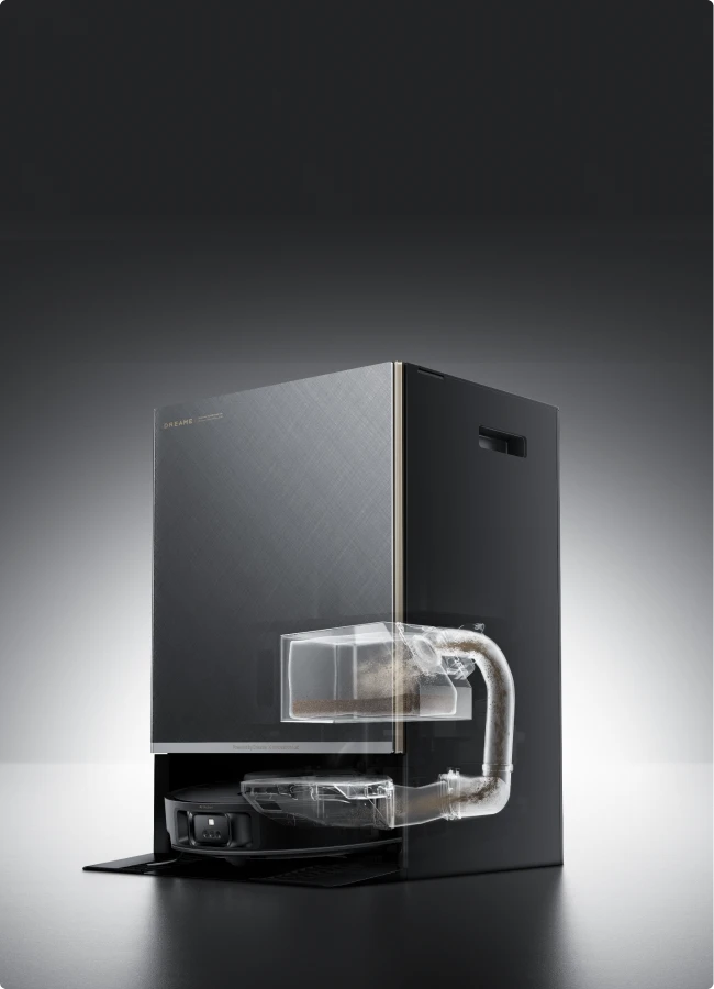 Dreame Matrix10 Pro Saugroboter Schwarz mit automatischer Staubentleerung, bis zu 100 Tage wartungsfreier Betrieb ohne manuelles Eingreifen.