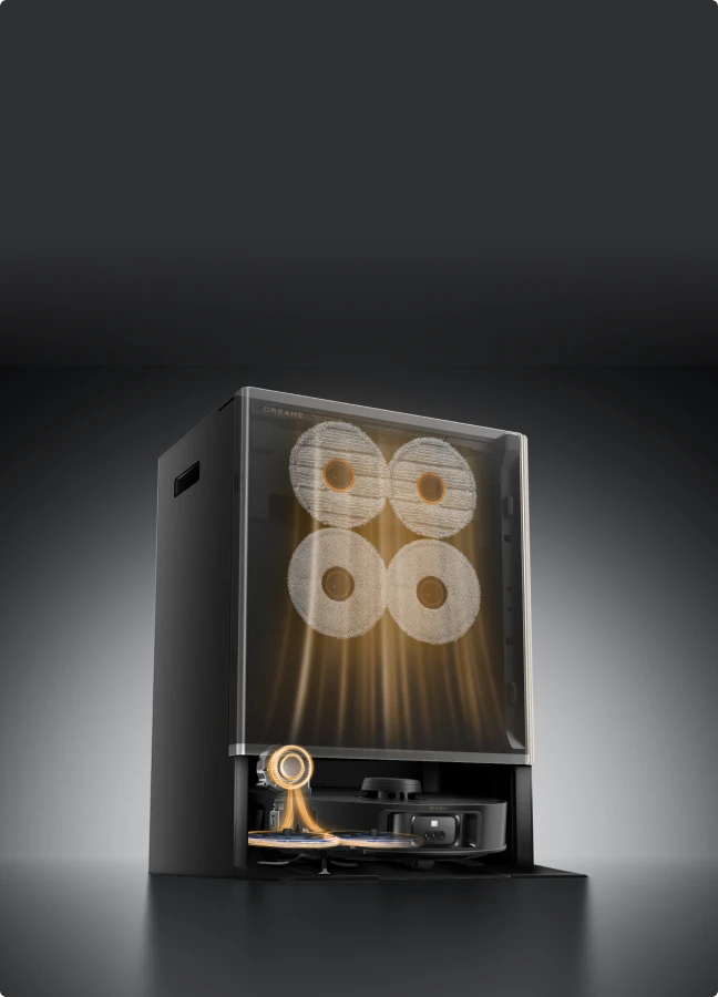 Dreame Matrix10 Pro Saugroboter Schwarz mit automatischer Warmlufttrocknung bei 45 °C, verhindert Schimmelbildung und Gerüche an den Wischer-Pads.