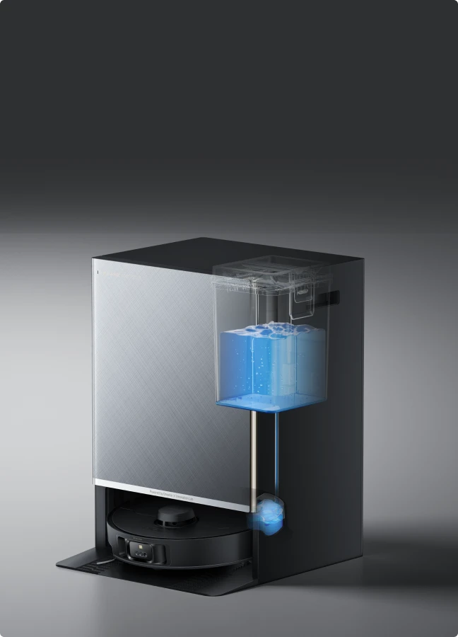 Dreame Matrix10 Pro Saugroboter Schwarz mit automatischer Wassernachfüllung, 80-ml-Wasserbehälter sichert ununterbrochene Wischvorgänge.