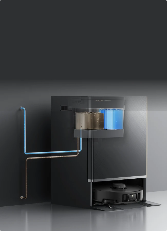 Dreame Matrix10 Pro Saugroboter Schwarz mit optionalem automatischem Wasseranschluss, kein manuelles Befüllen oder Entleeren großer Wasserbehälter.