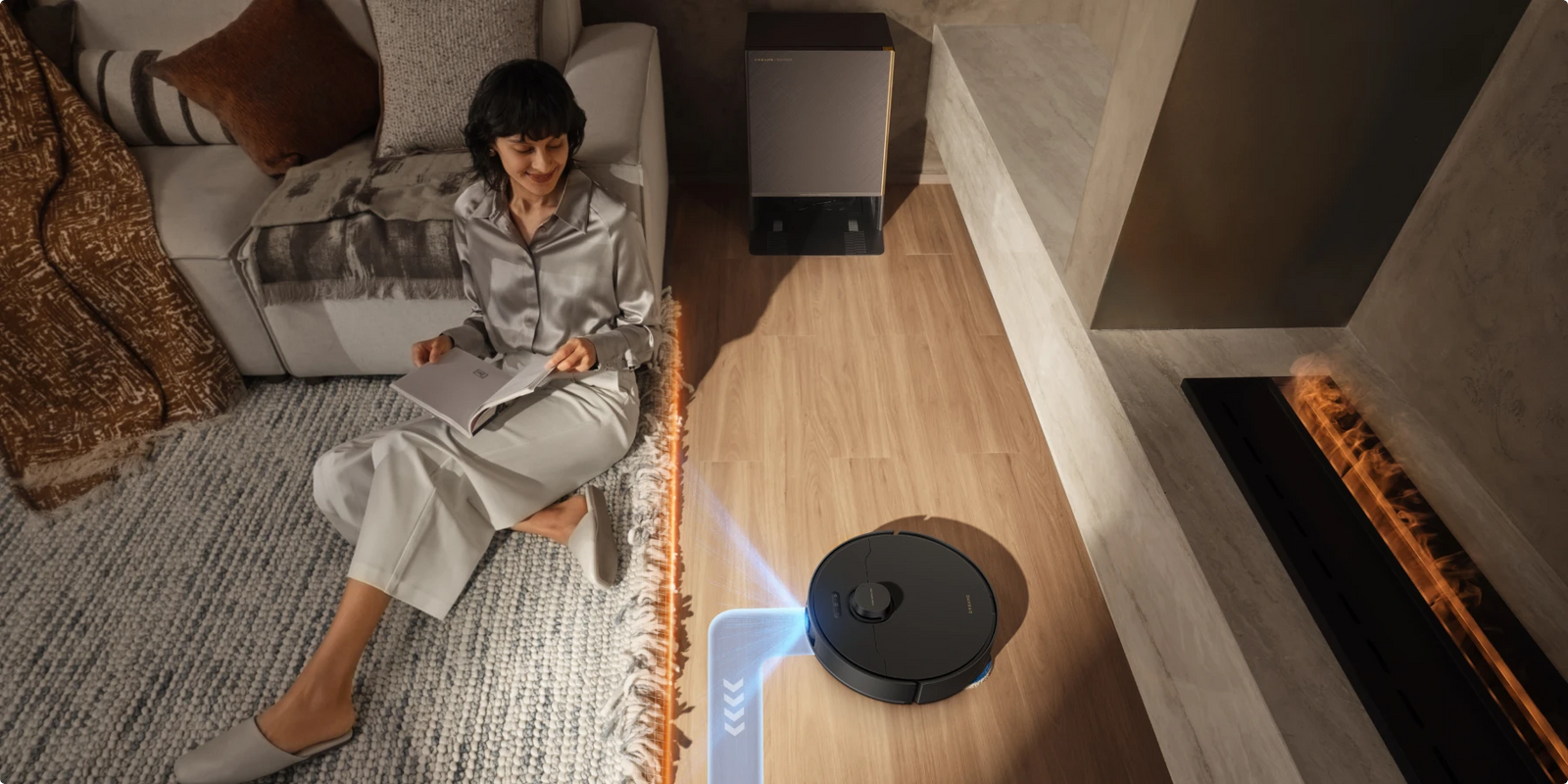 Dreame Matrix10 Pro Saugroboter Schwarz erkennt und umfährt Fransenteppiche automatisch, verhindert Verhedderung und Beschädigung.