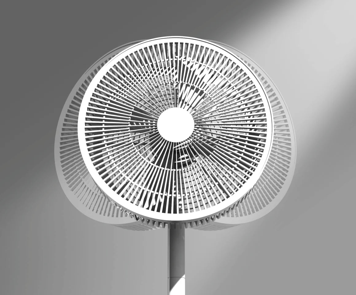 Herkömmlicher Ventilator mit einseitigem Schwenkbereich im Vergleich zur 270°-Raumabdeckung des Dreame MF10 Flügelloser Ventilator.