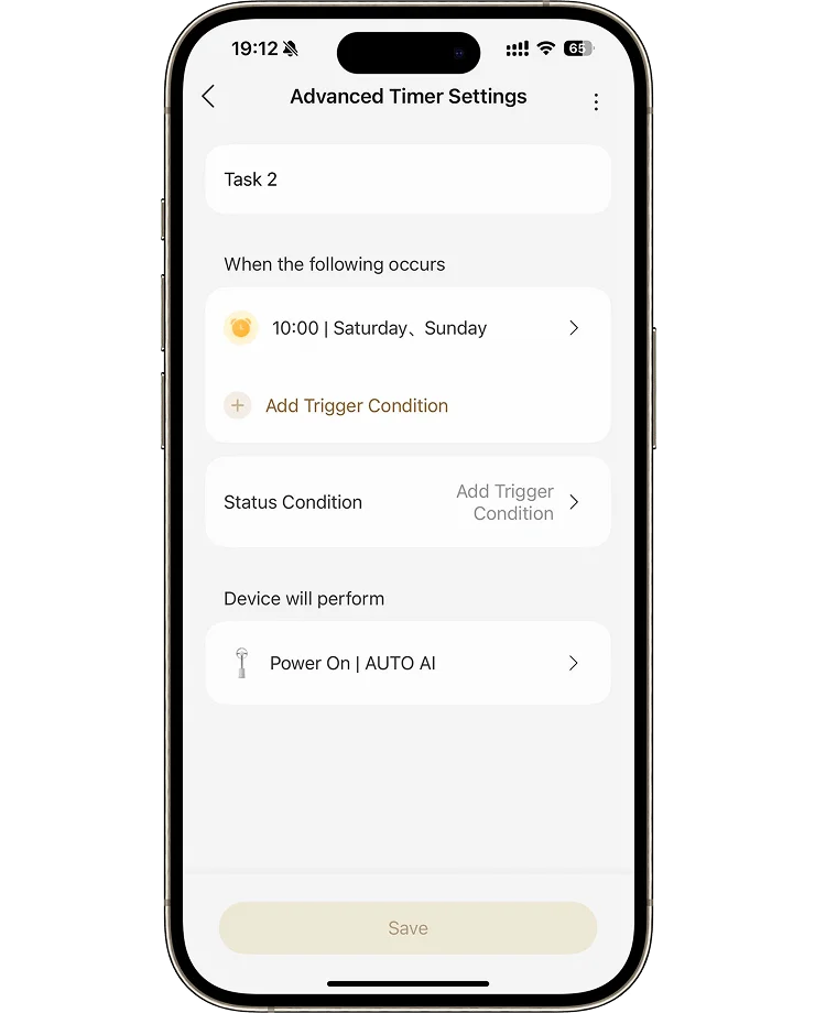 Dreame MF10 Flügelloser Ventilator App: zeitbasierter Auslöser startet den Ventilator samstags und sonntags um 10:00 Uhr automatisch.