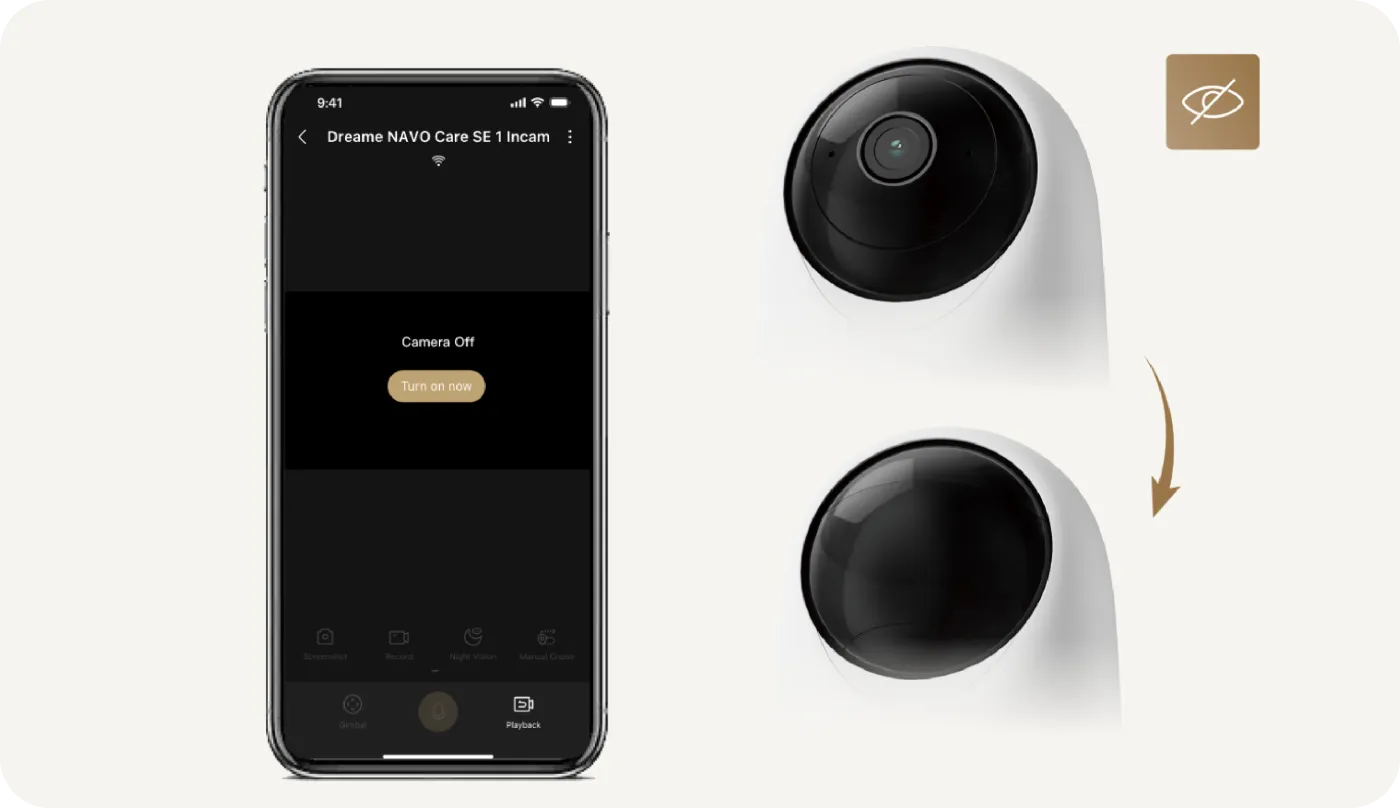Dreame-APP mit „Kamera aus"-Schaltfläche zur Aktivierung des physischen Sichtschutzmodus der Dreame NAVO Care SE 1 InCam
