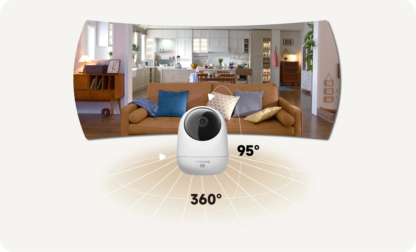 Dreame NAVO Care 1 InCam mit 360°-Schwenk und 95°-Neigung zeigt vollständige Wohnzimmerabdeckung ohne tote Winkel
