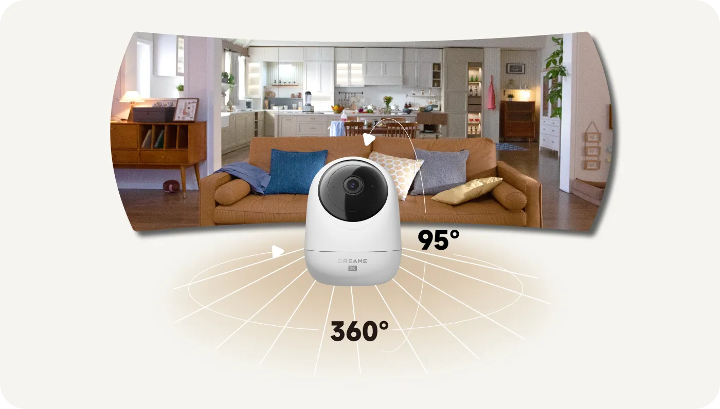 Dreame NAVO Care 1 InCam mit 360°-Schwenk und 95°-Neigung zeigt vollständige Wohnzimmerabdeckung ohne tote Winkel