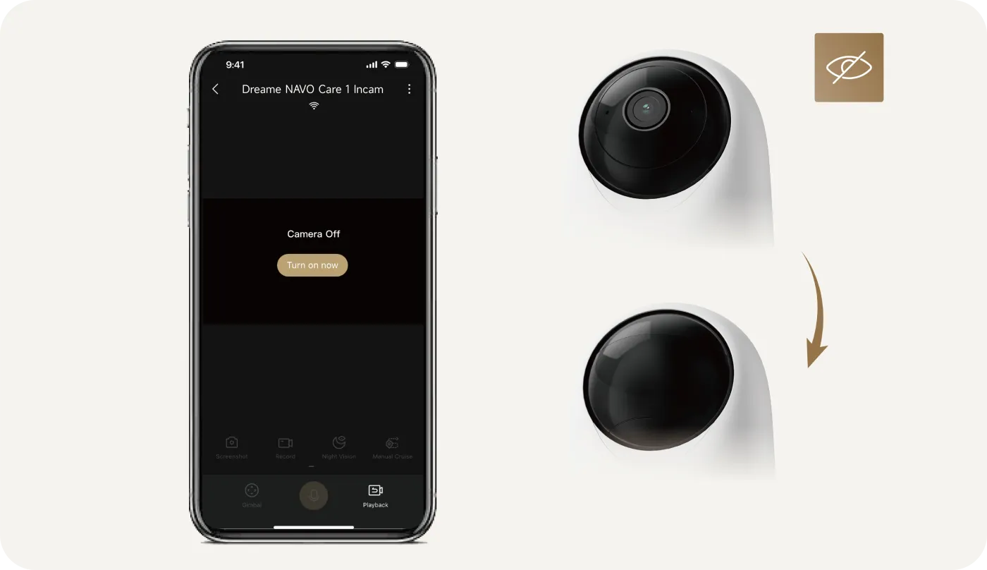 Dreame-App auf dem Smartphone mit Steuerungsbildschirm für den physischen Privatsphäre-Schutz der Dreame NAVO Care 1 InCam