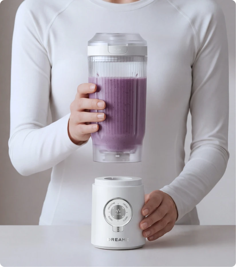 Dreame Portable Blender Twist & Go Funktion zeigt den abnehmbaren Mixbecher beim Trennen von der Basis