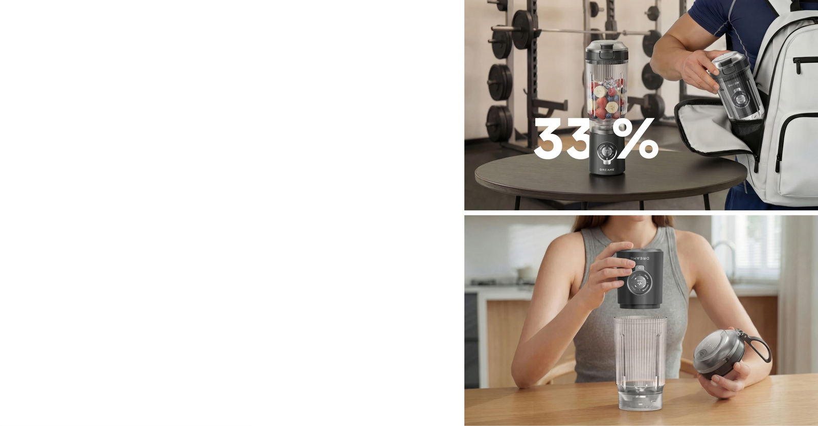 Nutzer verstaut die Motoreinheit des Dreame Portable Blender platzsparend direkt im Mixbecher