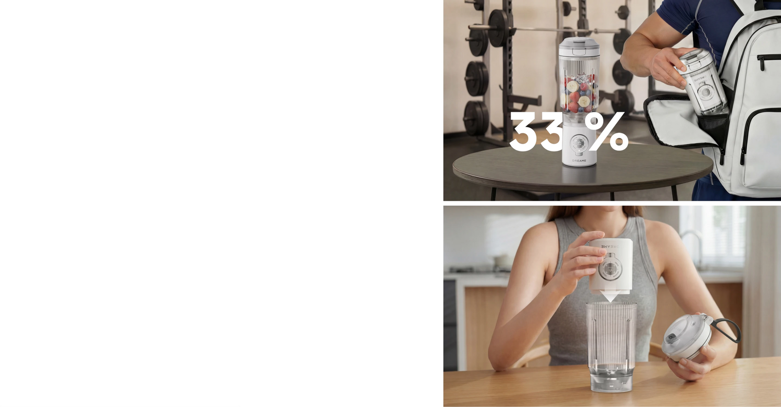 Nutzer verstaut die Motoreinheit des Dreame Portable Blender platzsparend direkt im Mixbecher