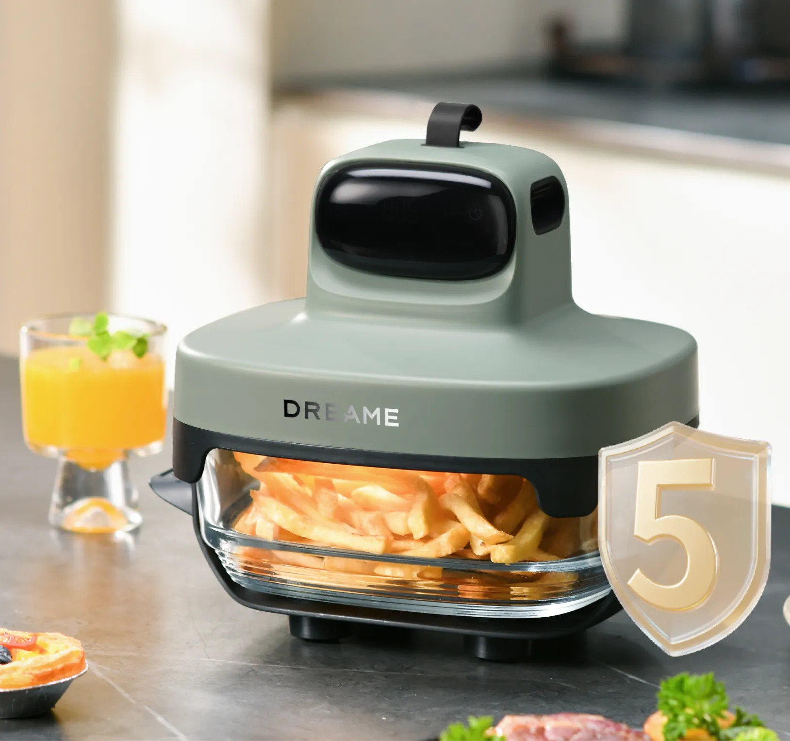 Dreame Tasti™ Glas-Heißluftfritteuse mit fünffachem Sicherheitssystem: Überhitzungsschutz, Deckelstopp, hitzebeständiger Griff und rutschfeste Füße.