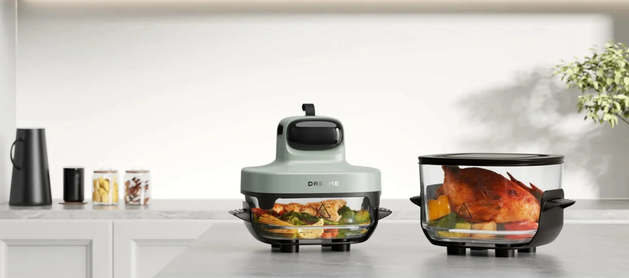 Dreame Tasti 5-in-1 tragbare Glas-Heißluftfritteuse mit zwei Einsätzen für flexibles Kochen unterwegs.
