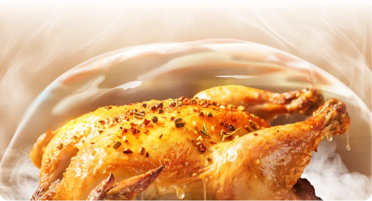 Friteuse à air Dreame Tasti™, technologie de vapeur haute température pour une viande croustillante et incroyablement tendre.