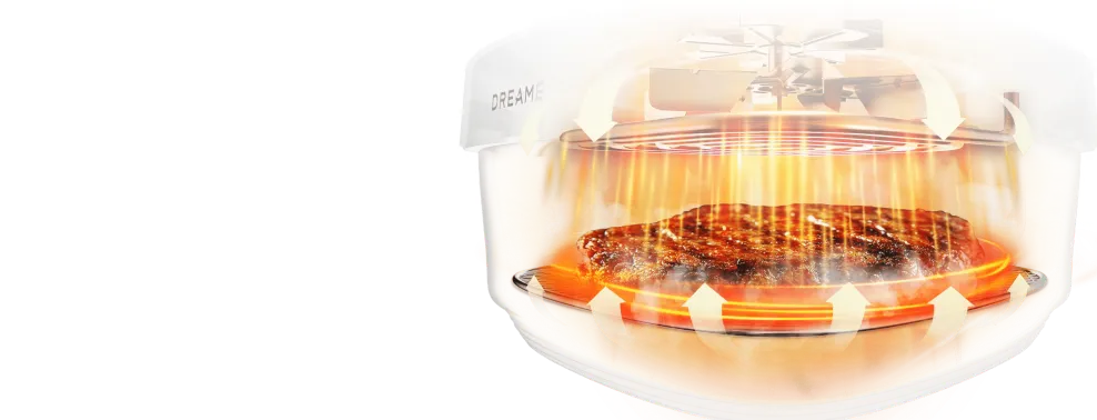 Friteuse à air Dreame Tasti™, circulation d’air chaud 3D pour une cuisson uniforme et un croustillant doré parfait.