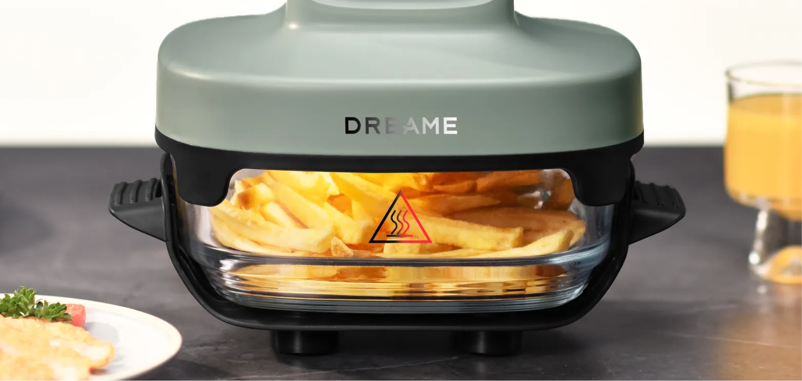 Dreame Tasti™ Glas-Heißluftfritteuse mit Temperaturanzeige, die bei Hitze rot leuchtet, um vor Berührung der Glasfläche zu warnen.