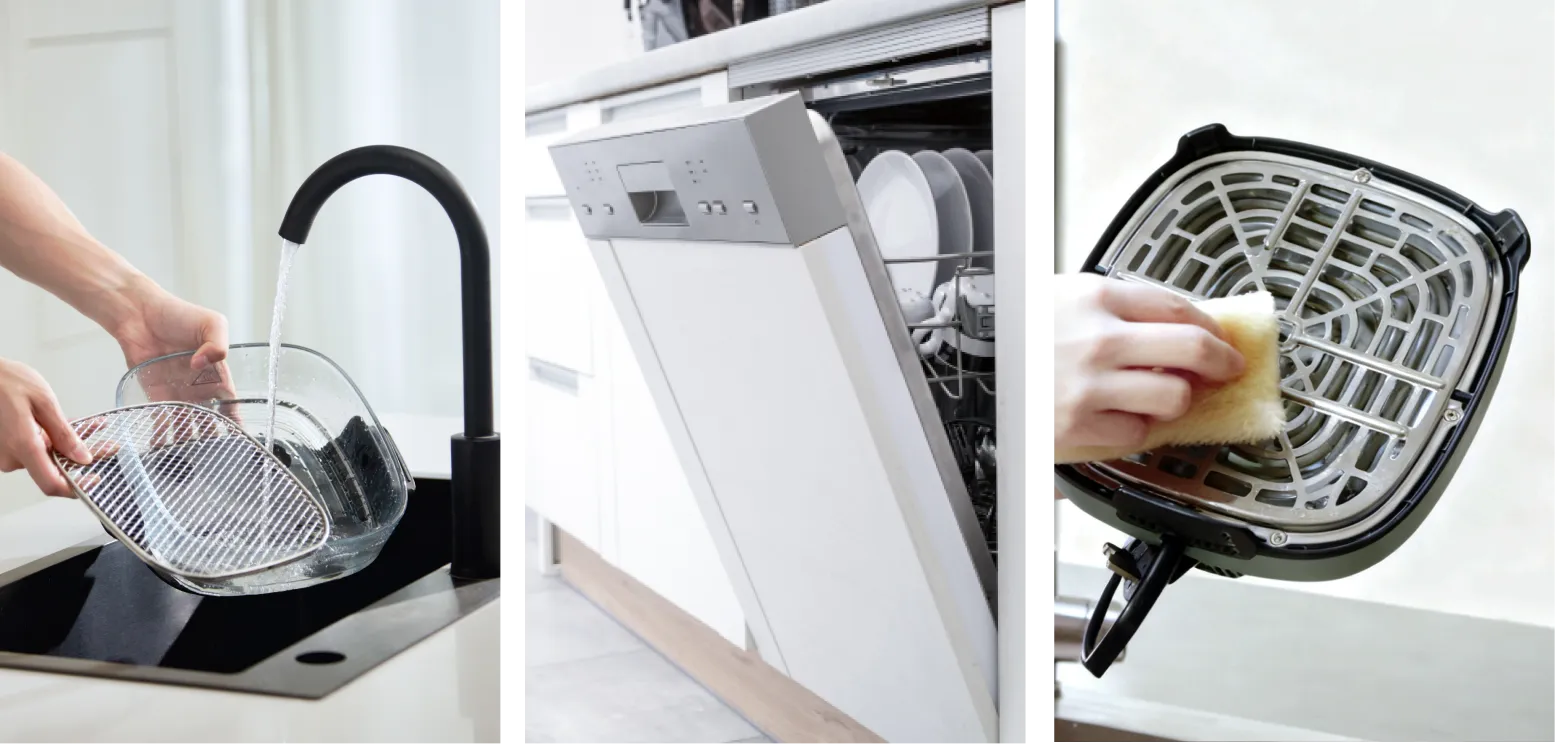 Dreame Tasti™ Glas-Heißluftfritteuse mit abnehmbarem Design, Glasbehälter und Edelstahlblech sind spülmaschinenfest und leicht zu reinigen.