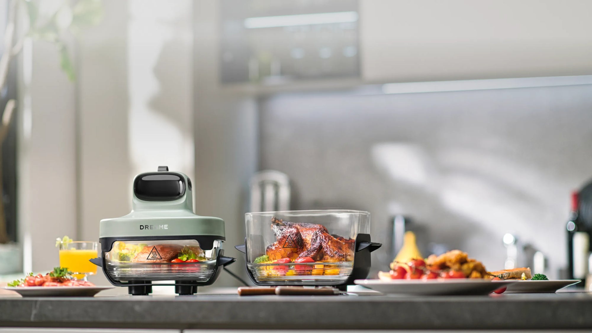 Dreame Tasti™ Glas-Heißluftfritteuse mit zwei austauschbaren Glasbehältern (2,5 L und 4,5 L) – nahtloses Umschalten für jede Kochaufgabe.