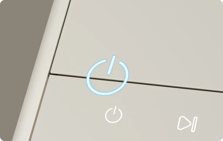 Die beleuchtete Ein-/Aus-Taste des Dreame SF25 WiFi ermöglicht das einfache Ein- und Ausschalten des Geräts per Knopfdruck.