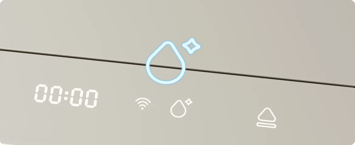 Das beleuchtete Bedienfeld des Dreame SF25 WiFi zeigt den aktiven Reinigungsmodus mit Timer-Anzeige und Touchscreen-Symbolen.