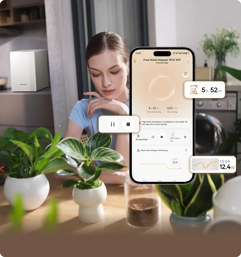Mit der App-Steuerung des Dreame SF25 WiFi Küchenabfallzerkleinerers lässt sich die Verarbeitung per Smartphone starten, stoppen und überwachen.