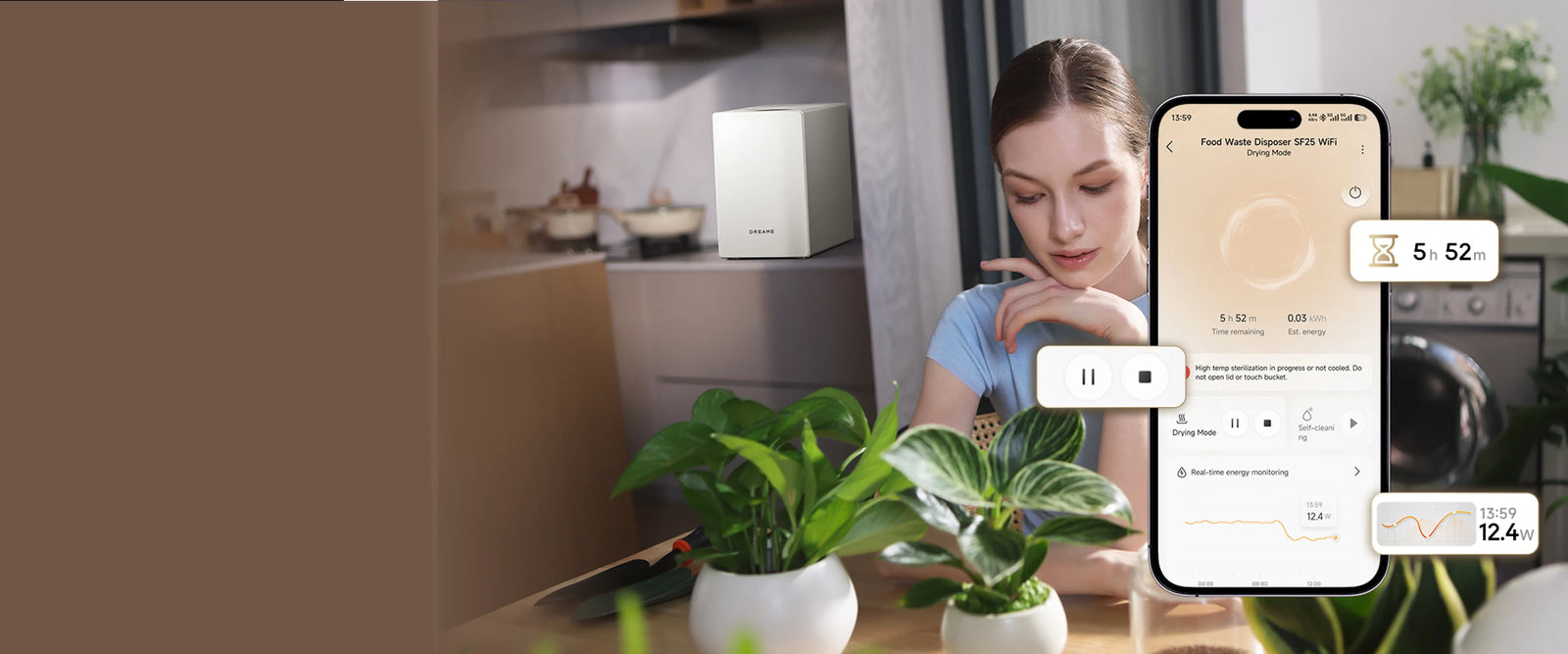 Mit der App-Steuerung des Dreame SF25 WiFi Küchenabfallzerkleinerers lässt sich die Verarbeitung per Smartphone starten, stoppen und überwachen.