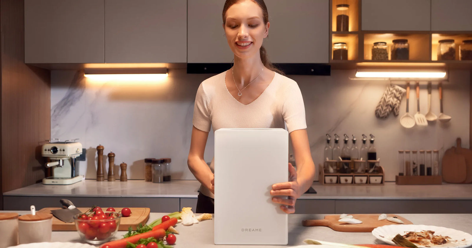 Eine Frau nimmt den Dreame SF25 WiFi aus dem Karton: Von der Auspacken bis zur Inbetriebnahme dauert die Installation nur eine Minute.