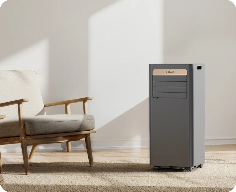 Dreame P-Wind10 Mobile Klimaanlage 9000 BTU mit kompaktem Design – platzsparend und passend für kleine Räume neben einem Sessel