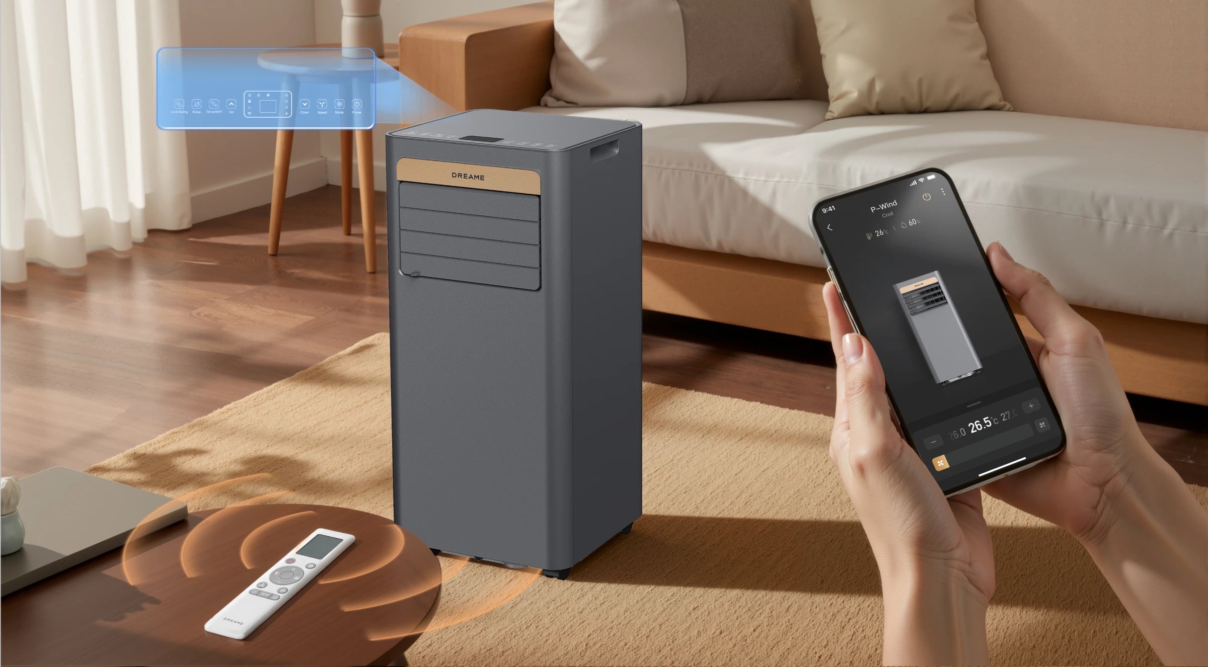 Steuerung der Dreame P-Wind10 Mobile Klimaanlage 9000 BTU per App, Fernbedienung und Display – personalisierter Komfort den ganzen Tag