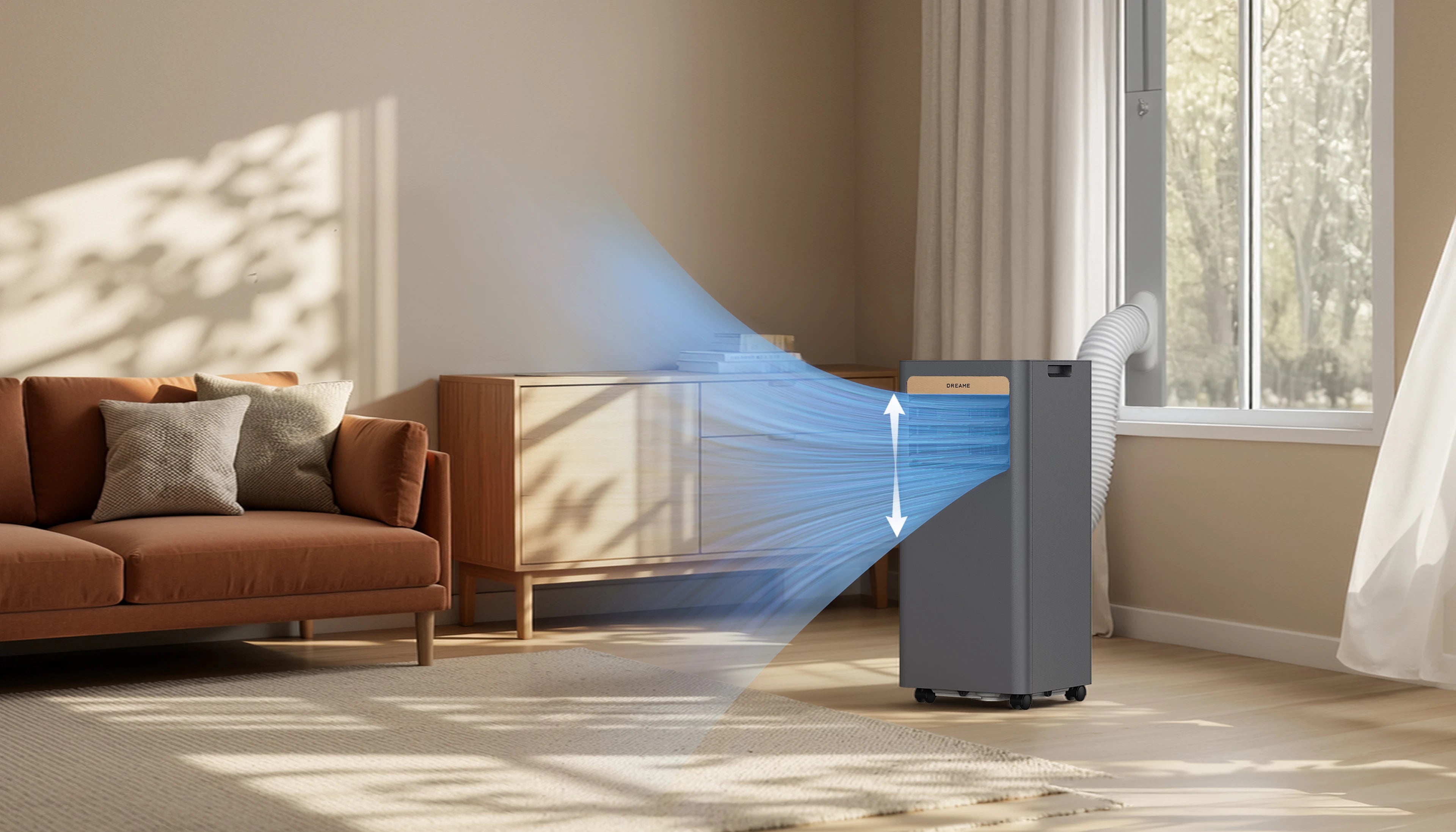 Dreame P-Wind10 Mobile Klimaanlage 9000 BTU mit einstellbarer vertikaler Luftstromrichtung für individuellen Komfort im Wohnzimmer