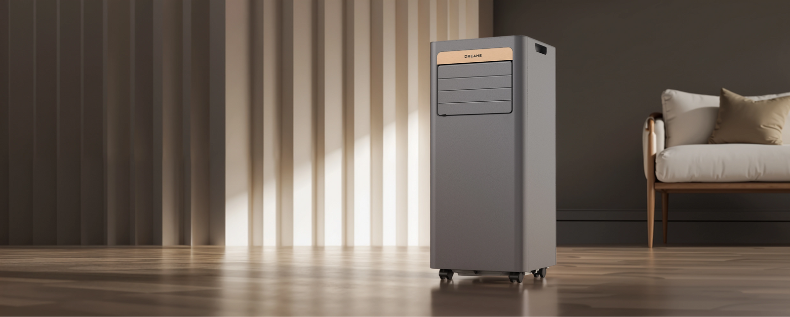 Dreame P-Wind10 Mobile Klimaanlage 9000 BTU in einem stilvollen Wohnzimmer – mobile Kühlung jederzeit und überall