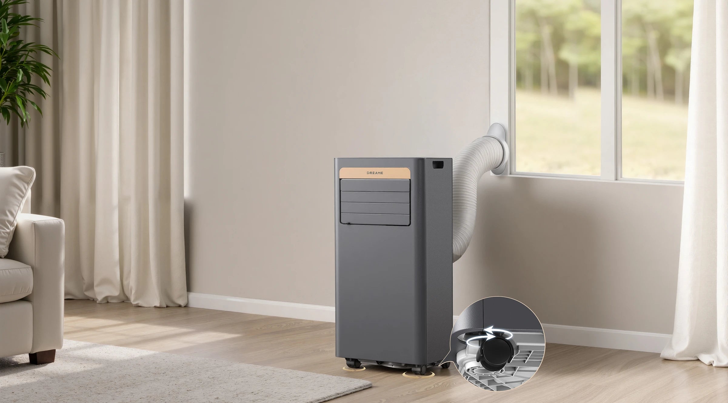 Dreame P-Wind10 Mobile Klimaanlage 9000 BTU ist dank 4 Lenkrollen und 3-Schritte-Installation sofort einsatzbereit